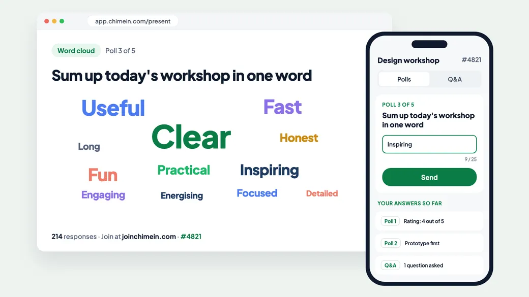 A live word cloud on a presenter's screen, next to a phone where a participant types a one-word answer