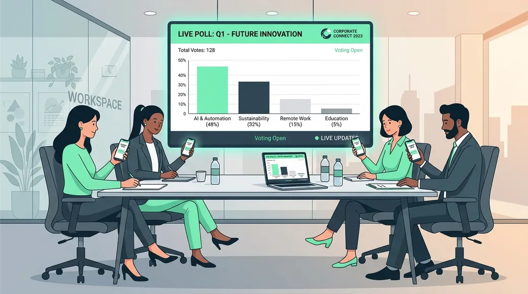 Illustration of a team participating in an interactive live poll on smartphones during a meeting
